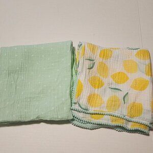 Cloud Island muslin swaddle blanket bundle of 2 Lemons with pompoms Mint green